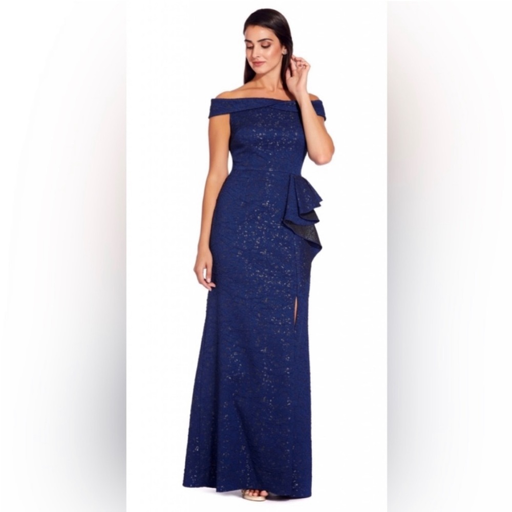 NWT Adrianna Papell Off Shoulder Jacquard Gown in
Blue/Silver 14